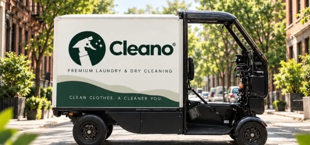 Cleano laundry pickup and delivery vehicle on a tree-lined New York street